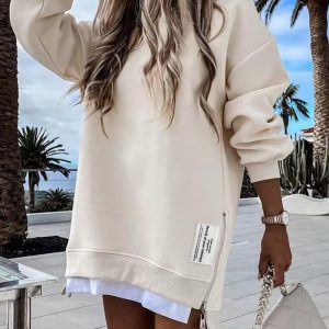 Letter Patch Detail Long Sleeve Drop Shoulder Pullover Sweatshirt Casual Zipper Side Slit Top, women Sweats & Hoodies, ChicMe catalog