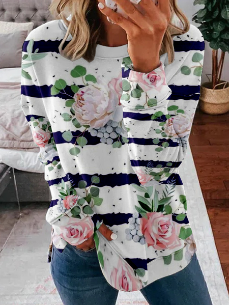 Women's Crew Neck Striped Casual Spring/Fall Long Sleeve Sweatshirt, JustFashionNow Sweatshirts & Hoodies, color:White|size:4XL,