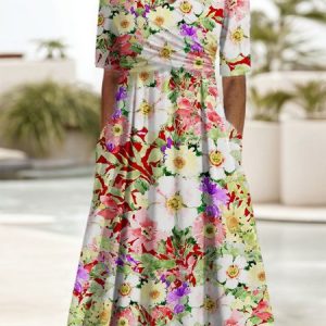 Women's Short Sleeve Summer Floral Dress V Neck Daily Going Out Casual Maxi A-Line, JustFashionNow Dresses, color:White|size:XXL,