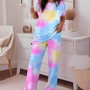 2 Pieces Outfit Ombre Print Short Sleeve Strechy Top and Casual Loose Fit Pants Pajamas Sets, women Pajamas Sets, ChicMe catalog