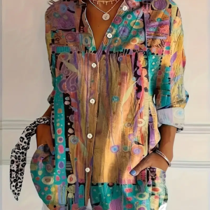 Women Abstract Long Sleeve Shirt Spring/Fall Buckle Shirt Collar Daily Casual Top, JustFashionNow Shirts, color:As Picture|size:XXL,