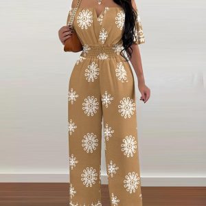 Floral Print Off the Shoulder Short Sleeve Shirred Jumpsuit Casual Waist Boho Romper, women Jumpsuits, ChicMe catalog