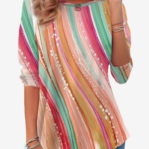 Women's Long Sleeve Tee T-shirt Spring/Fall Abstract Stripes Jersey Crew Neck Daily Going Out Casual Top, JustFashionNow T-Shirts, color:Orange|size:XXL,