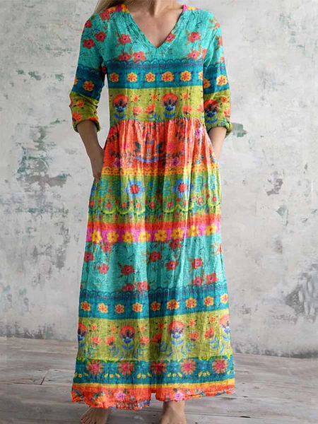 Women's Vintage Lovely Floral Art Print Pocket Cotton Dress, Dresses, Lilicloth.com