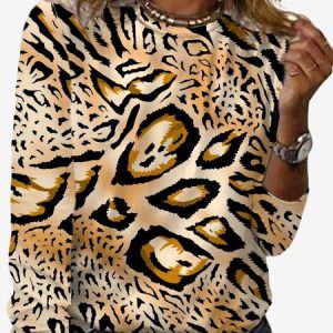 Women's Long Sleeve Tee T-shirt Spring/Fall Leopard Jersey Crew Neck Daily Going Out Casual Top, JustFashionNow T-Shirts, color:Brown|size:XXL,