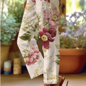 Casual Floral Print Daily H-Line Vintage Linen Pants, Pants, color:White|size:3XL, catalog Noracora shop