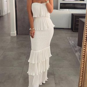 Bandeau Shirred Ruffle Hem Layered Dress, women Party Dresses, ChicMe catalog