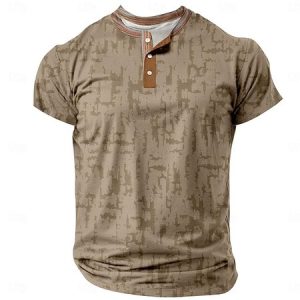 Men's Retro Casual Loose Cotton Blended Short Sleeve Henley Shirt, T-shirts, Lilicloth.com