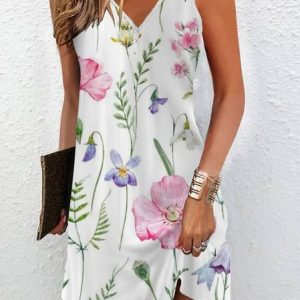 Women Floral Notched Sleeveless Comfy Casual Buckle Mini Dress, Dresses, color:White|size:XXL, catalog Noracora shop