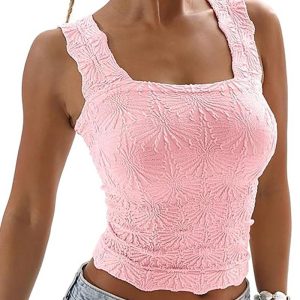Floral Jacquard Square Neck Thick Strap Crop Tank Casual Sleeveless Top, women Tanks & Crop Tops, ChicMe catalog