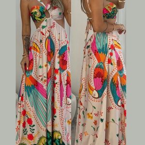 Tropical Floral and Toucan Print Hollow-out Detail Halterneck Maxi Dress Vocation Dress, women Print Dresses, ChicMe catalog