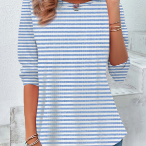 Women's Long Sleeve Tee T-shirt Spring/Fall Striped Printing Crew Neck Casual Graphic Tee Top, JustFashionNow T-Shirts, color:Blue|size:XXL,