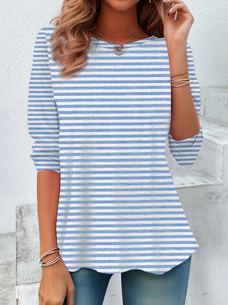 Women's Long Sleeve Tee T-shirt Spring/Fall Striped Printing Crew Neck Casual Graphic Tee Top, JustFashionNow T-Shirts, color:Blue|size:XXL,