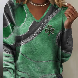Women's Shamrock St. Patrick's Day Casual Print Long Sleeve V-Neck T-Shirt, Long sleeves, Lilicloth.com