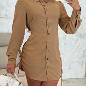 Turn-down Collar Roll Up Sleeve Button Down Shirt Dress Casual Shirred Back Side Drawstring Mini Dress, women Shirt Dresses, ChicMe catalog