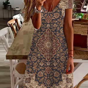 Women's Short Sleeve Summer Floral Printing Dress V Neck Daily Going Out Casual Knee Length T-Shirt Dress H-Line Dress, JustFashionNow Casual Dresses, color:As Picture|size:XXL,