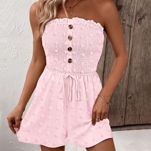 Polka Dot Bandeau Sleeveless Shirred Rompers Casual Button Decor Tied Detail Short Jumpsuit, women Rompers, ChicMe catalog