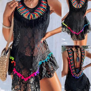 Colorblock Knit V-Neck Sleeveless Cover Ups Casual Plush Ball Decor Ruffles Mini Dress, women Cover Ups, ChicMe catalog