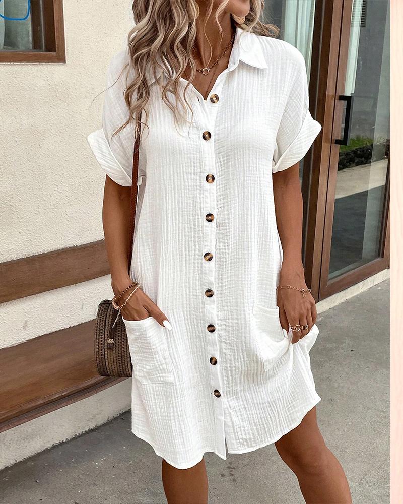 Turn-down Collar Short Sleeve Dress Casual Button Dress with Pocket, women Shirt Dresses, ChicMe catalog - Image 2