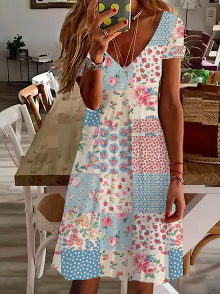 Women's Spring Floral Print Casual V-Neck Short Sleeve Dress, Dresses, Lilicloth.com - Image 2