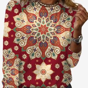 Women's Long Sleeve Tee T-shirt Spring/Fall Ethnic Jersey Crew Neck Daily Going Out Casual Top, JustFashionNow T-Shirts, color:Red|size:XXL,