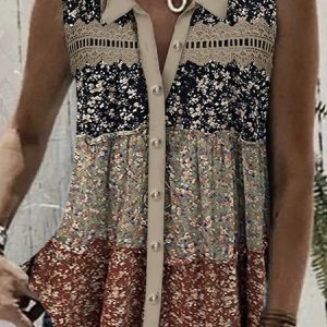 Plus size Small Floral Casual Shirt Collar Tank Top, JustFashionNow Tanks & Camis, color:Multicolor|size:4X,