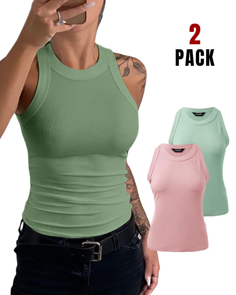 2-Pack Round Neck Thick Strap Racerback Ribbed Tank Slim Fit Tops without Bra Pads, women Tanks & Crop Tops, ChicMe catalog - Image 4