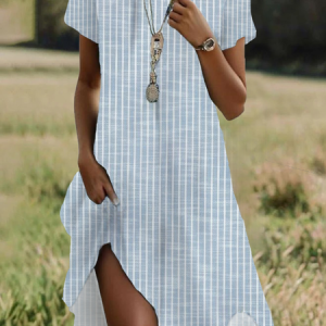 Women Striped Short Sleeve Summer Printing Dress Crew Neck Daily Casual Mini Tunic H-Line Dress, JustFashionNow Casual Dresses, color:Blue|size:XXL,
