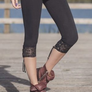 Women's Elastic Waist Casual Plain Jersey Summer Lace-up Capris Leggings, JustFashionNow Leggings, color:Black|size:XXL,