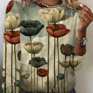 Women's Long Sleeve Tee T-shirt Spring/Fall Floral Jersey Crew Neck Daily Going Out Casual Top, JustFashionNow T-Shirts, color:Apricot|size:XXL,