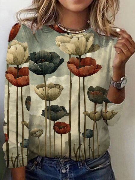 Floral Print Long Sleeve Crew Neck T-shirt, Long sleeves, Lilicloth.com - Image 8