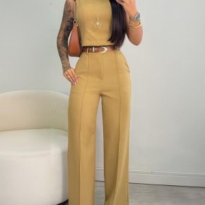 2 Pieces Outfit Round Neck Sleevless Top and Casual Wide Leg Pants Set, women Two-piece Sets, ChicMe catalog