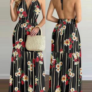 Glitter Halter Lace-up Backless Maxi Dress Casual Waist A Line Party Dress, women Maxi Dresses, ChicMe catalog