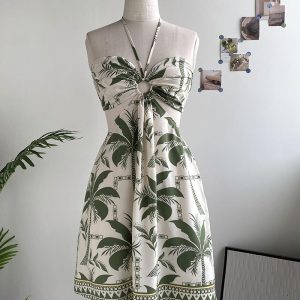 Floral Print Halter Tied Detail Elastic Shirred Back Mini Dress Casual Hollow Out A Line Vacation Dress, women Casual Dresses, ChicMe catalog