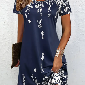 Women's Floral Short Sleeve Summer Printing Dress Crew Neck Daily Casual Mini Tunic H-Line Dress, JustFashionNow Casual Dresses, color:Purplish blue|size:XXL,