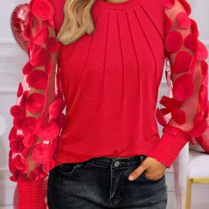 3D Polka Dot Appliques Mesh Long Sleeve Blouse Casual Shirred Cuffs Seam Front Top, women Blouses & Shirts, ChicMe catalog