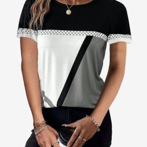 Women's Short Sleeve Tee T-shirt Summer Color Block Jersey Crew Neck Holiday Going Out Casual Top, JustFashionNow T-Shirts, color:Black|size:XXL,