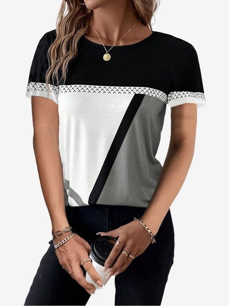Women's Short Sleeve Tee T-shirt Summer Color Block Jersey Crew Neck Holiday Going Out Casual Top, JustFashionNow T-Shirts, color:Black|size:XXL,