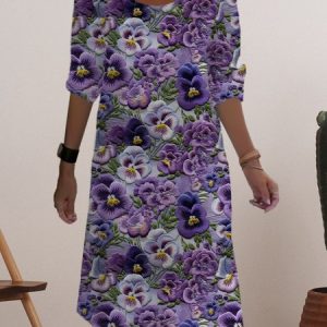 Women's Long Sleeve Spring/Fall Floral Jersey Dress Crew Neck Daily Going Out Casual Mini H-Line T-Shirt Dress, JustFashionNow Dresses, color:Purple|size:XXL,