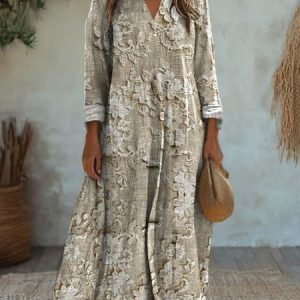 Women's Long Sleeve Spring/Fall Floral Jersey Dress V Neck Daily Going Out Casual Maxi A-Line T-Shirt Dress, JustFashionNow Dresses, color:Apricot|size:XXL,