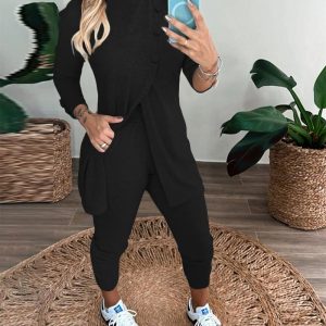 2 Pieces Outfit Mock Neck Long Sleeve Button Decor Slit Mid-Length Top and Stretchy Drawstring High Waist Slim Fit Pants Set, women Two-piece Sets, ChicMe catalog