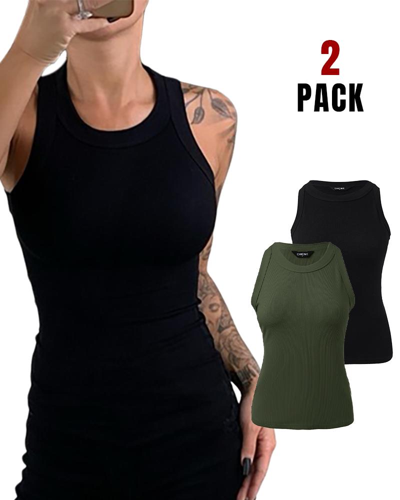 2-Pack Round Neck Thick Strap Racerback Ribbed Tank Slim Fit Tops without Bra Pads, women Tanks & Crop Tops, ChicMe catalog - Image 6