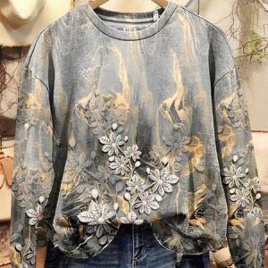 Women's Crew Neck Floral Casual Spring/Fall Long Sleeve Sweatshirt, JustFashionNow Sweatshirts & Hoodies, color:Gray|size:XXL,