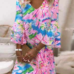 Women's Floral Half Sleeve Summer Printing Dress V Neck Daily Casual Midi Classic H-Line Dress, JustFashionNow Casual Dresses, color:As Picture|size:5XL,