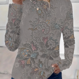 Women's Floral Long Sleeve Tee T-shirt Crew Neck Printing Casual Spring/Fall Graphic Tee Top, JustFashionNow T-Shirts, color:Gray|size:XXL