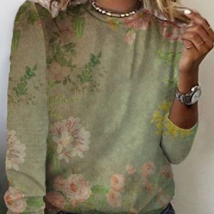 Women's Long Sleeve Tee T-shirt Spring/Fall Floral Cotton Crew Neck Daily Going Out Casual Top, JustFashionNow T-Shirts, color:Green|size:5XL,
