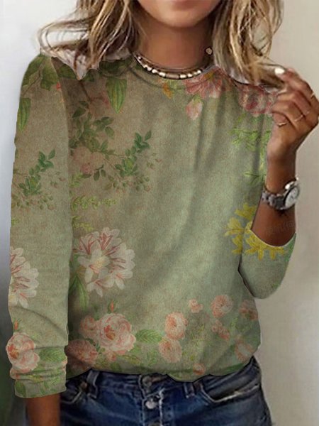 Women's Long Sleeve Tee T-shirt Spring/Fall Floral Cotton Crew Neck Daily Going Out Casual Top, JustFashionNow T-Shirts, color:Green|size:5XL,