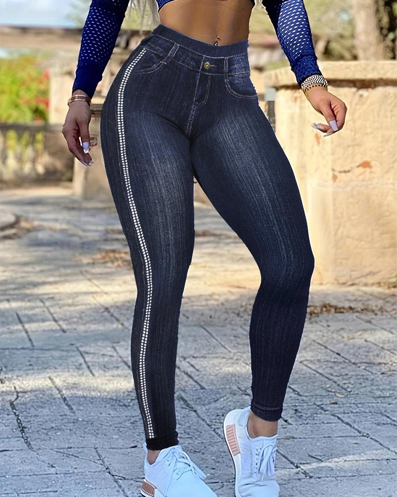 High Waist Fake Jean Leggings Side Polka Dot Yoga Pants Butt Lifting Tights Workout Trousers, women Leggings, ChicMe catalog