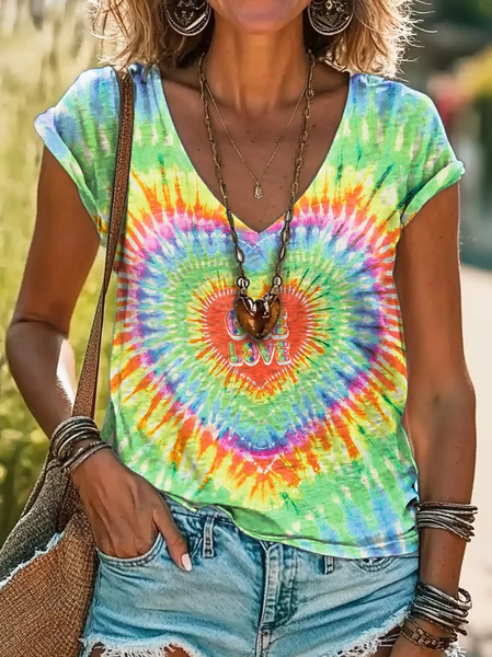 Women's Tie Dye Love Print Casual Spring T-Shirt, T-shirts, Lilicloth.com
