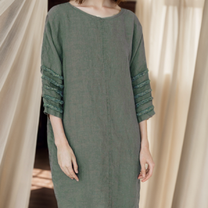 STYLE WE x CHILLINEN | Crew Neck Plain Loose Linen Blouse, Blouses and Shirts, color:Green|size:XL, Stylewe